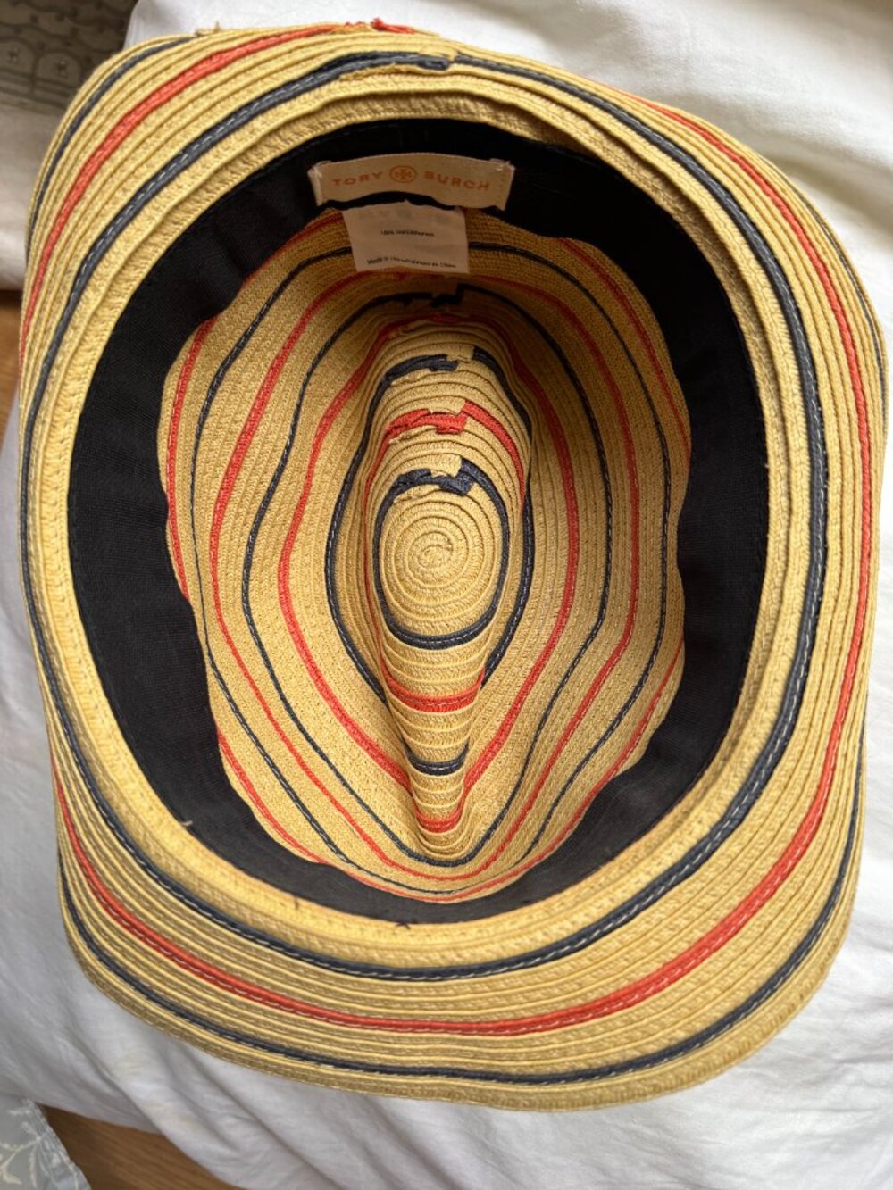 Tory Burch Straw Fedora Hat Navy Coral Stripe Gold Logo - Picture 5 of 6